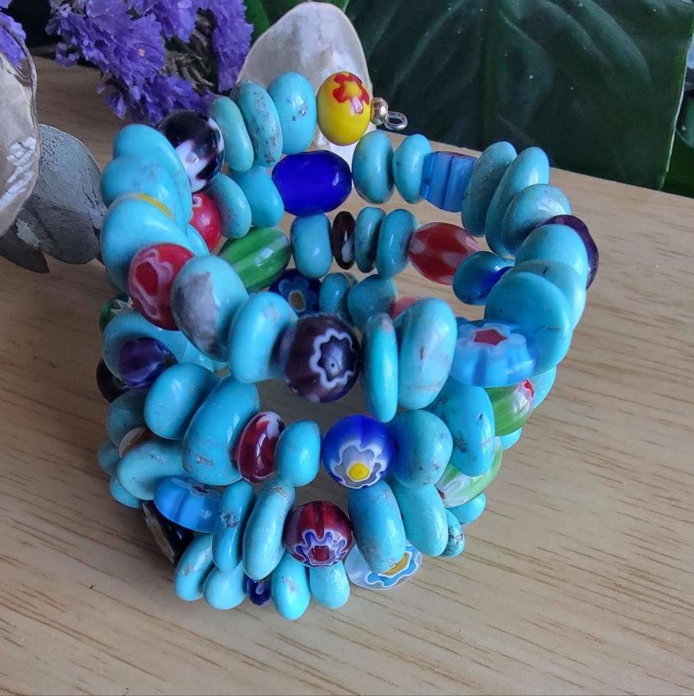 Handcrafted Colorful Bead And Stone Spiral Wrap Bracelet